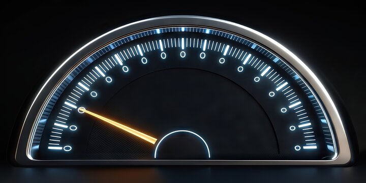 A futuristic digital speedometer with a glowing needle pointing to zero, displaying clear numeric and tick marks on a sleek black background.