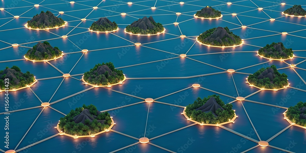 Poster a digital network of small islands interconnected by glowing nodes and lines over a blue water surfa