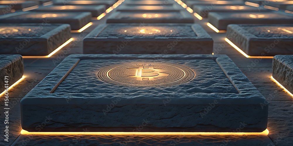 Poster dark stone blocks with glowing edges display a golden bitcoin symbol, representing digital currency 