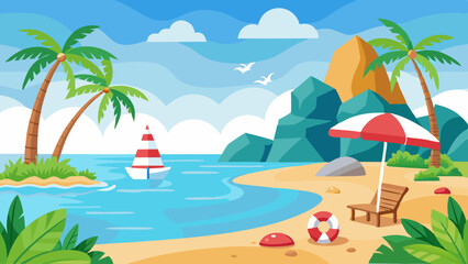 Obraz premium Idyllic tropical beach scene with palm trees a sailboat and beach chair under an umbrella