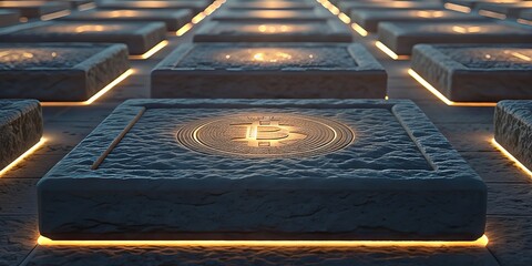 Dark stone blocks with glowing edges display a golden Bitcoin symbol, representing digital currency in a futuristic style.