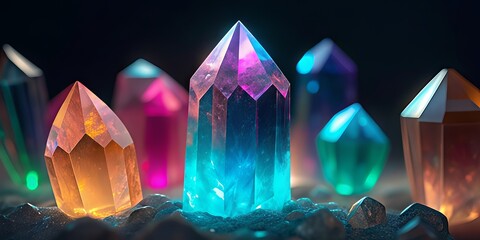 Colorful, glowing crystals of various shapes and sizes shine brightly against a dark background, creating a magical and vibrant scene.