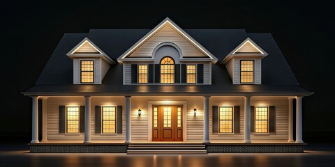 A well-lit, elegant two-story house with large windows and a welcoming wooden door, set against a dark background at night.