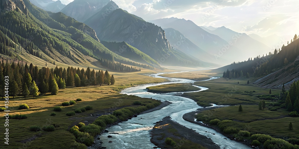 Poster A winding river flows through a lush valley surrounded by tall pine trees and towering mountain ranges under a partly cloudy sky.