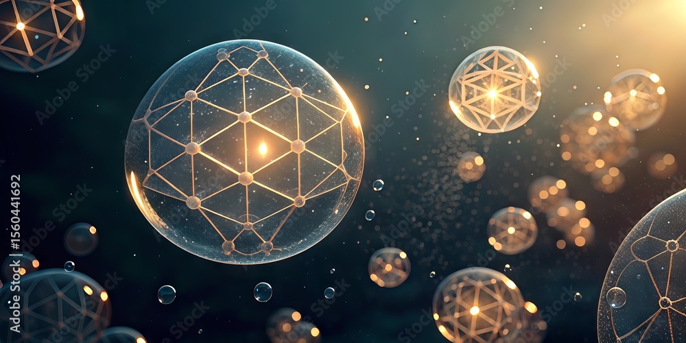 Aufkleber transparent spheres with intricate geometric network patterns glow softly against a dark, starry bac