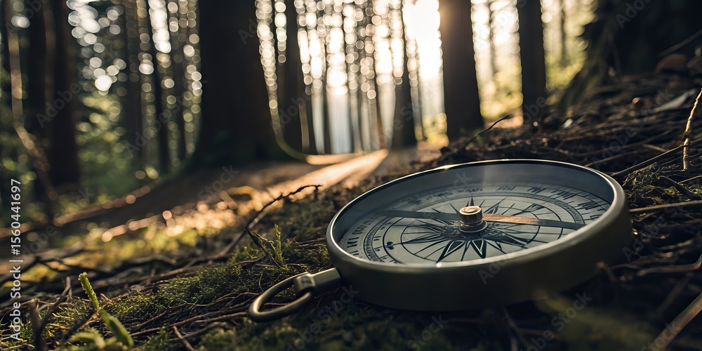 Poster A compass rests on the forest floor amidst moss and pine needles, with tall trees and soft sunlight in the background creating a serene woodland scene.
