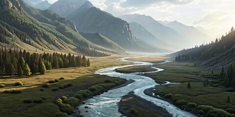 A winding river flows through a lush valley surrounded by tall pine trees and towering mountain ranges under a partly cloudy sky.