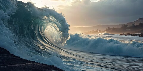 A large, powerful ocean wave curls near a rocky shore with sunlight breaking through clouds in the background.