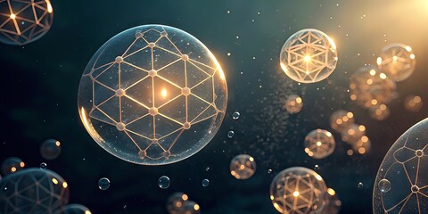 Transparent spheres with intricate geometric network patterns glow softly against a dark, starry background, evoking futuristic technology and connectedness.
