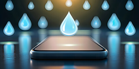 A smartphone with a glowing water droplet on its screen, surrounded by various floating water droplets on a reflective surface.