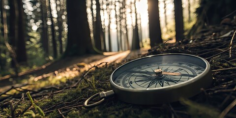 A compass rests on the forest floor amidst moss and pine needles, with tall trees and soft sunlight in the background creating a serene woodland scene.