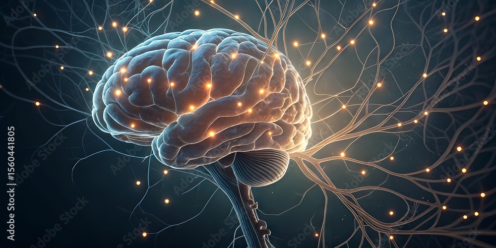 Poster A digitally rendered human brain with glowing neural connections, symbolizing brain activity and neural networks.