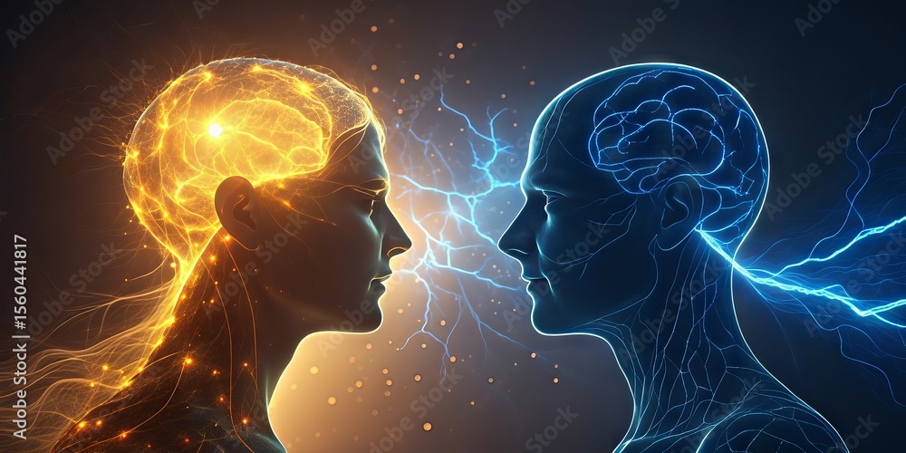 Poster two human profiles with glowing neural networks, one in warm yellow and the other in cool blue, symb