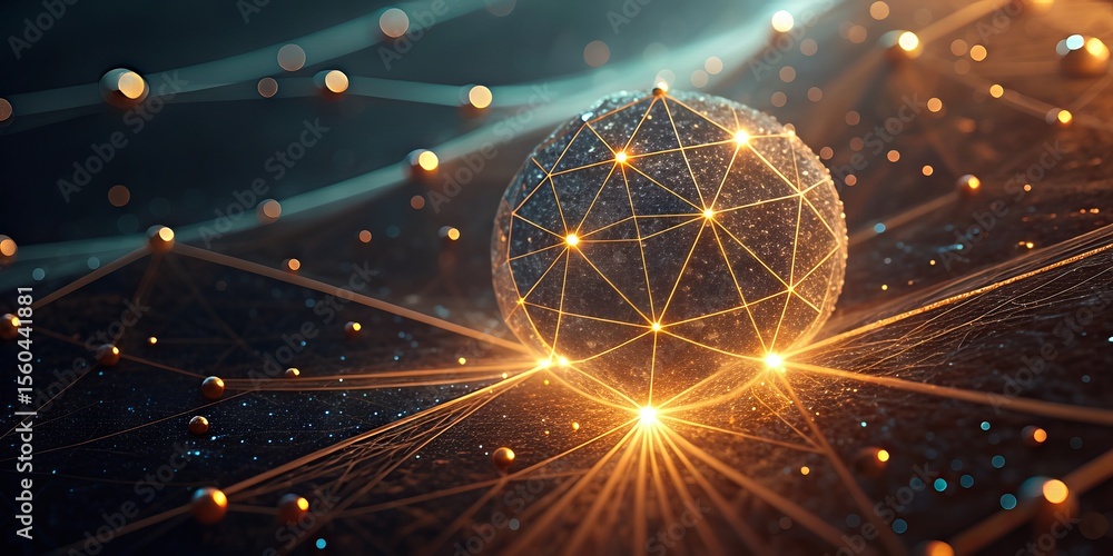 Poster A futuristic glowing sphere connected by a network of lines and nodes, representing digital data, technology, or interconnected systems in a high-tech environment.