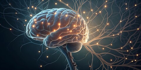 A digitally rendered human brain with glowing neural connections, symbolizing brain activity and neural networks.