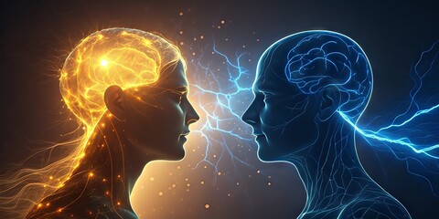 Two human profiles with glowing neural networks, one in warm yellow and the other in cool blue, symbolizing brain activity and communication.