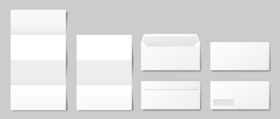 White envelope mockup. Front and back side. Open and closed envelopes. Business correspondence. Address window. Folded letter. White paper sheet.
