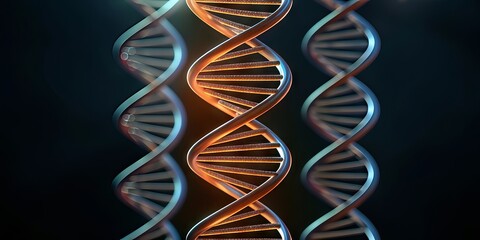 A digital illustration of DNA double helixes, highlighting the complex molecular structure with glowing and metallic effects.