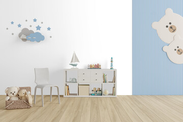 Children Playroom PNG Transparent Background with Shadows | Bookshelf, Toy Boat, Stuffed Bears, Blue Wall Decor – 3D render