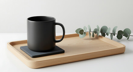 Black mug on wooden tray with eucalyptus dark coaster eucalyptus branch