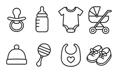 Baby essentials icons set – outline style, infant care and nursery symbols