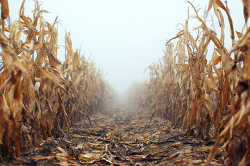 Fototapeta premium Single Decaying Crop Row in Fog Revealing the Impact of Harsh Weather Conditions on Agriculture
