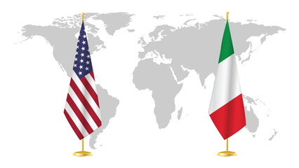 USA and Italy stand flags on world map background. Symbolic of diplomatic relations, unity, and transatlantic cooperation. 3D rendered international concept design.
