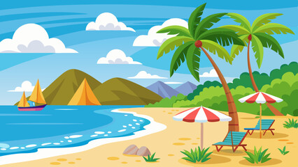 Obraz premium Tropical beach scene with palm trees lounge chairs umbrellas and a sailboat on the ocean with mountains in the background