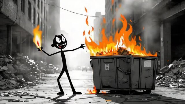 Cartoon Arsonist: Stick Figure Sets Dumpster Ablaze in Grayscale Cityscape