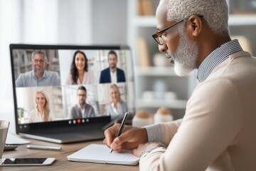 Office workers attending a virtual video call in a somber atmosphere.