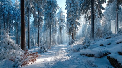 Serene winter landscape showing a snow-covered path through a forest on a sunny day in the Mountains