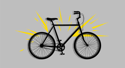 This high-quality vector graphic features a distressed halftone bicycle silhouette with a triangular frame and dynamic yellow bursts, emphasizing vintage, cycling, and retro print design.