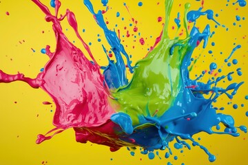 A dynamic action shot capturing thick splashes of bright acrylic paint in mid-air, colliding and mixing.