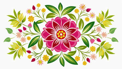 Vibrant mexican folk art floral design with a large pink flower and surrounding leaves and smaller blossoms
