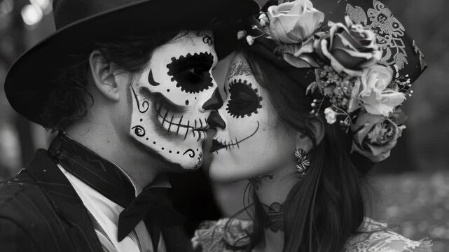 A couple's creative Halloween costumes feature colorful sugar skull face masks