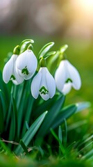 Delicate snowdrop flowers bloom in a lush green garden during early spring sunlight