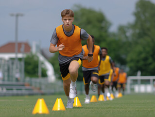 Young athlete in orange training vest sprints on a grassy field, focused on improving speed and agility during a practice session with teammates in the background