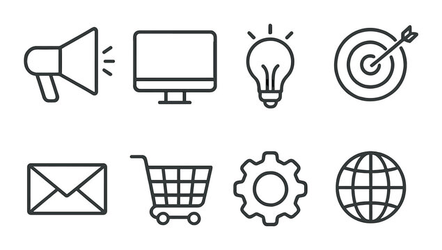 Business and communication icons set – linear, essentials for media and marketing