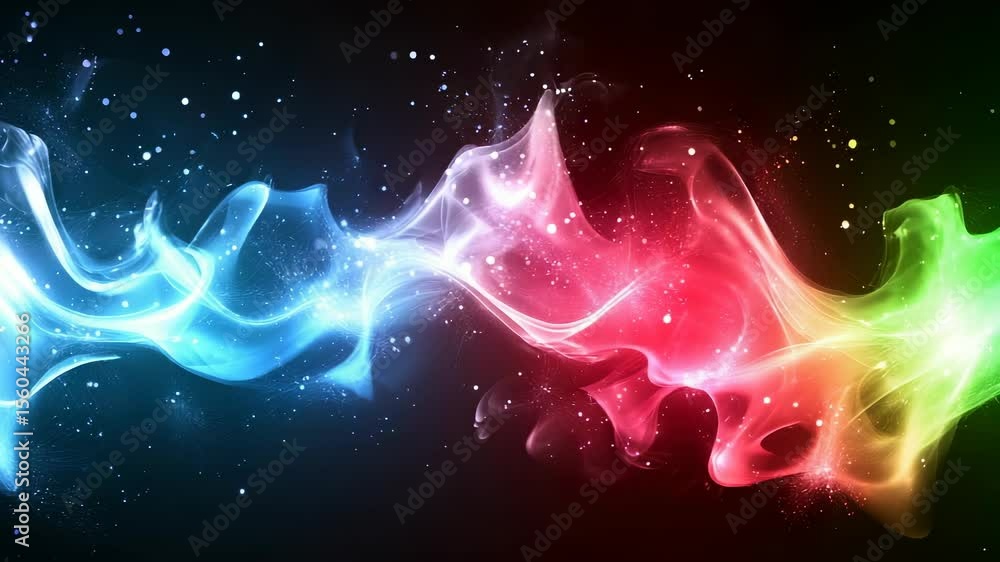 Poster abstract vibrant colorful smoke animation with glowing particles and sparkles