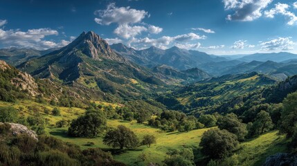 Captivating scenic view of the verdant pyrenees mountains valley with snow-capped peaks under the clear blue sky during springtime