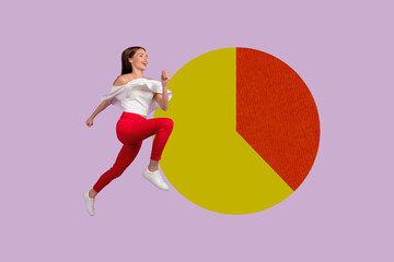 Trendy art creative full pop photo collage of happy businesswoman businessman walk diagram graph...