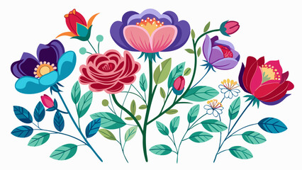 Vibrant floral arrangement with diverse blooming flowers and green leaves on a white background