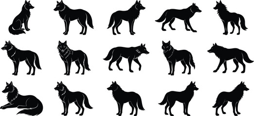 Set of wolf silhouettes Vector  Set, on white background. 
