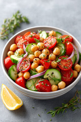 A bowl of salad with tomatoes, cucumbers, and chickpeas