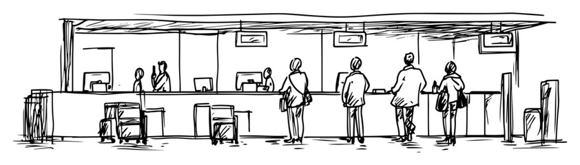 airport check-in counter with passengers
