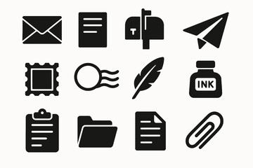 12 black mail icons. Solid vector for office, communication, and writing.