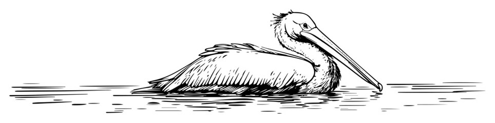 hand drawn pelican swimming vector line art illustration
