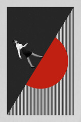 Vertical pop sketch 3d collage of happy businesswoman walk geometric figure success aim achievement...
