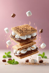 Two chocolate covered waffle sandwiches with marshmallows on top