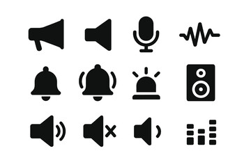 Black set of 12 sound icons. Minimal vector for voice, noise, and media.